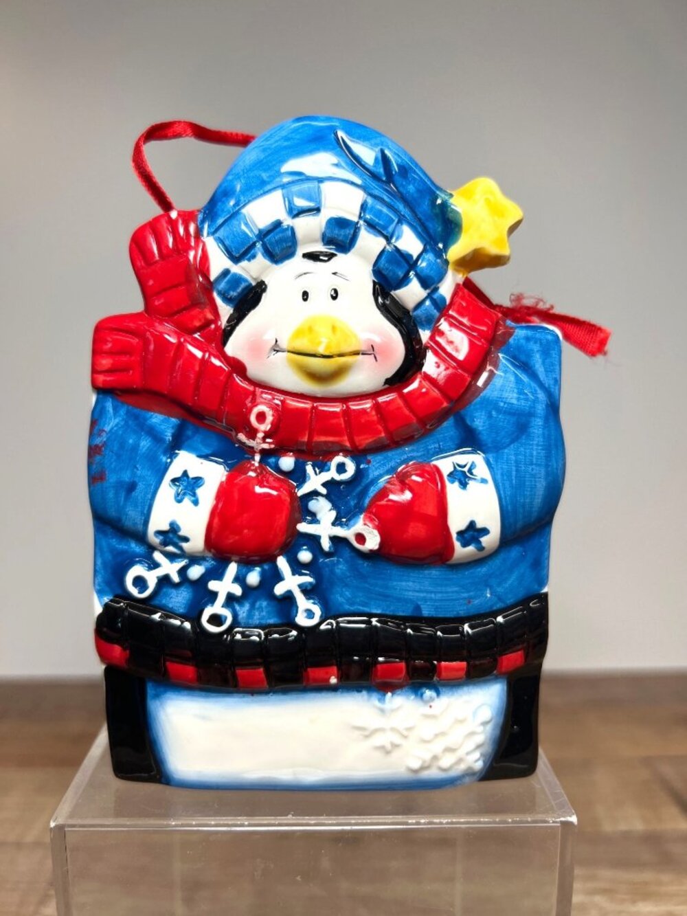 Snowman-Themed Ceramic Box With Red Ribbon Accent